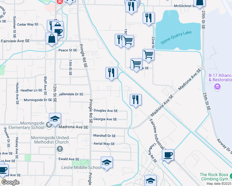 map of restaurants, bars, coffee shops, grocery stores, and more near 1647 Salishan Street Southeast in Salem