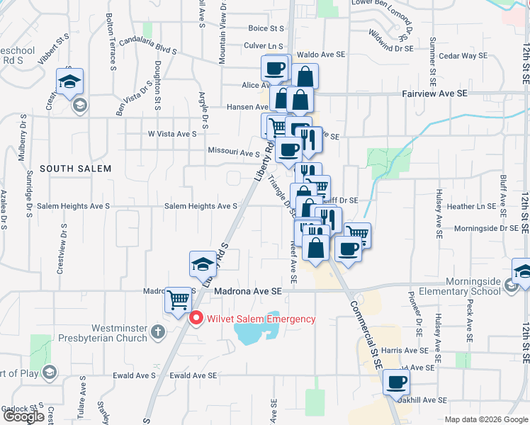 map of restaurants, bars, coffee shops, grocery stores, and more near 233 Salem Heights Avenue Southeast in Salem
