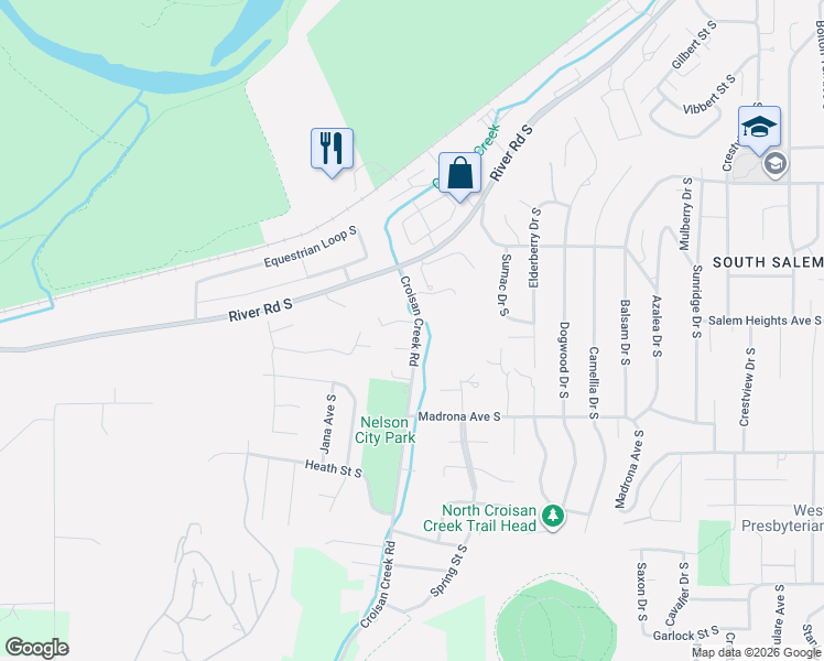 map of restaurants, bars, coffee shops, grocery stores, and more near 3281 Croisan Creek Road South in Salem