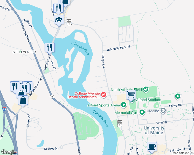 map of restaurants, bars, coffee shops, grocery stores, and more near 425 College Avenue in Orono