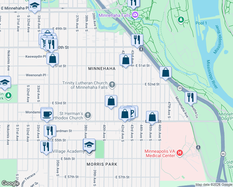 map of restaurants, bars, coffee shops, grocery stores, and more near 5212 42nd Avenue South in Minneapolis