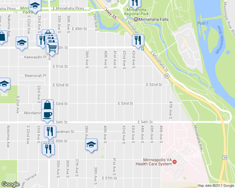map of restaurants, bars, coffee shops, grocery stores, and more near 5212 42nd Avenue South in Minneapolis