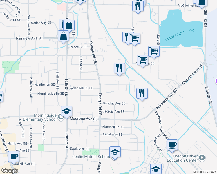 map of restaurants, bars, coffee shops, grocery stores, and more near 1452 Salishan Street Southeast in Salem