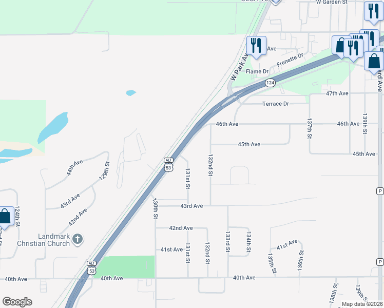 map of restaurants, bars, coffee shops, grocery stores, and more near 4496 132nd Street in Chippewa Falls