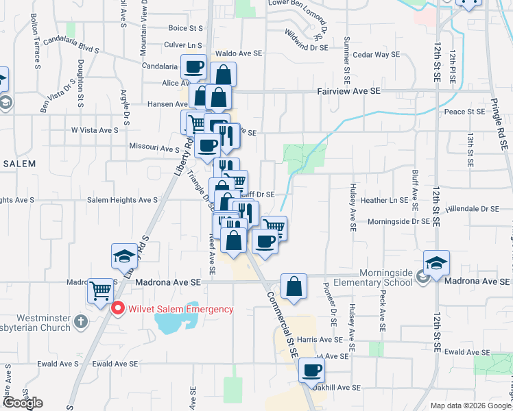 map of restaurants, bars, coffee shops, grocery stores, and more near 598 Ratcliff Drive Southeast in Salem