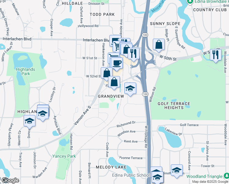 map of restaurants, bars, coffee shops, grocery stores, and more near 5280 Grandview Square in Edina