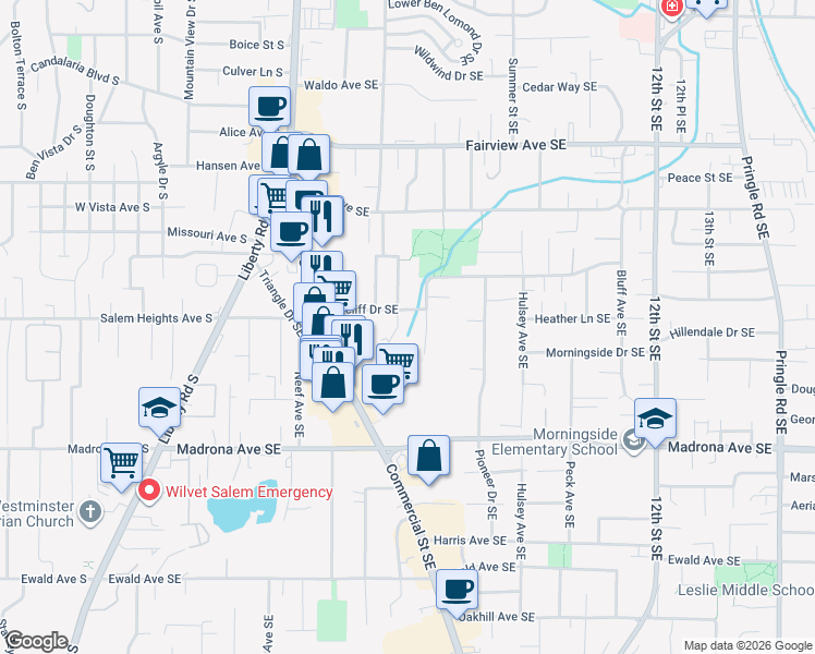 map of restaurants, bars, coffee shops, grocery stores, and more near 660 Ratcliff Drive Southeast in Salem