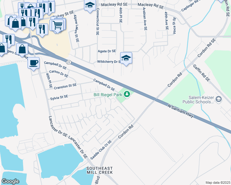 map of restaurants, bars, coffee shops, grocery stores, and more near 4524 Campbell Drive Southeast in Salem