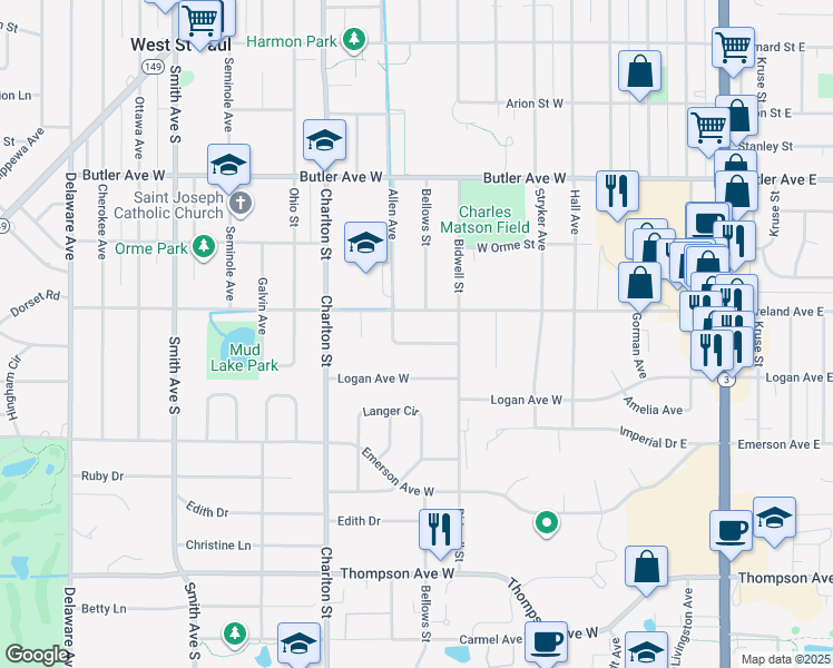 map of restaurants, bars, coffee shops, grocery stores, and more near 184 Moreland Avenue West in Saint Paul