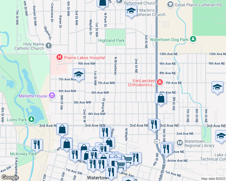 map of restaurants, bars, coffee shops, grocery stores, and more near 601 North Broadway in Watertown