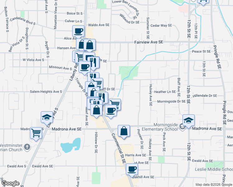 map of restaurants, bars, coffee shops, grocery stores, and more near 660 Ratcliff Drive Southeast in Salem