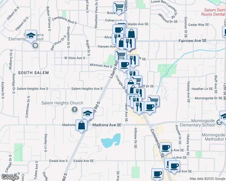 map of restaurants, bars, coffee shops, grocery stores, and more near 233 Salem Heights Avenue Southeast in Salem