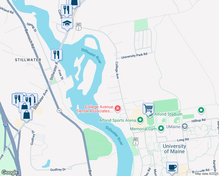 map of restaurants, bars, coffee shops, grocery stores, and more near 425 College Avenue in Orono
