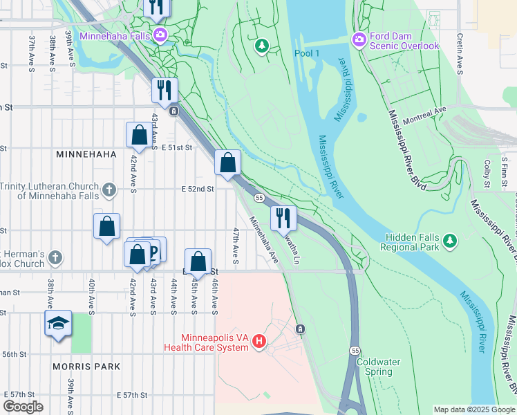 map of restaurants, bars, coffee shops, grocery stores, and more near 5219 Minnehaha Avenue in Minneapolis