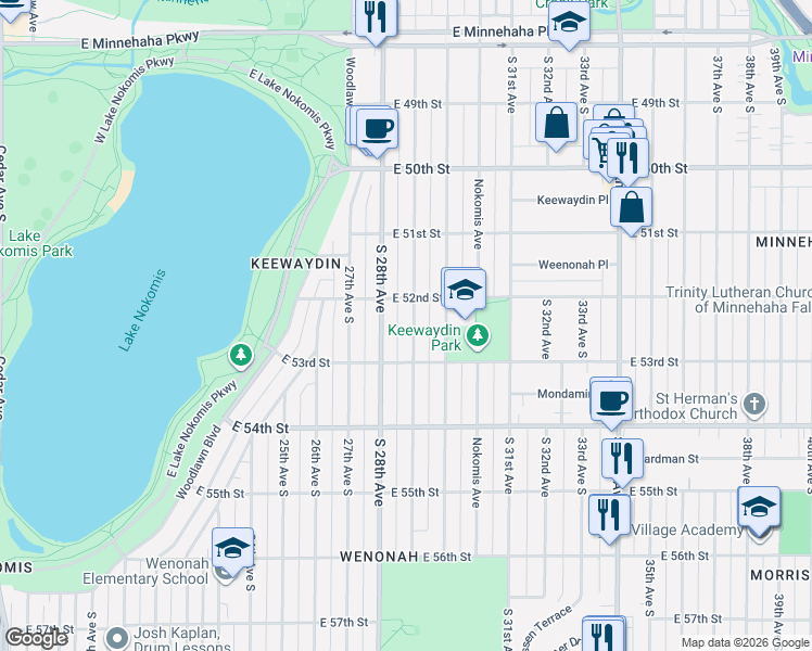 map of restaurants, bars, coffee shops, grocery stores, and more near 5213 29th Avenue South in Minneapolis