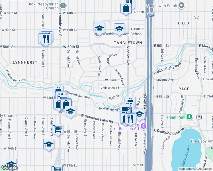 map of restaurants, bars, coffee shops, grocery stores, and more near 223 West 52nd Street in Minneapolis