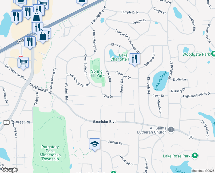 map of restaurants, bars, coffee shops, grocery stores, and more near 5224 Birch Road in Minnetonka