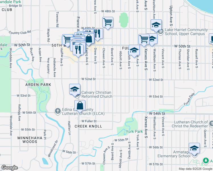 map of restaurants, bars, coffee shops, grocery stores, and more near 5208 Chowen Avenue South in Minneapolis