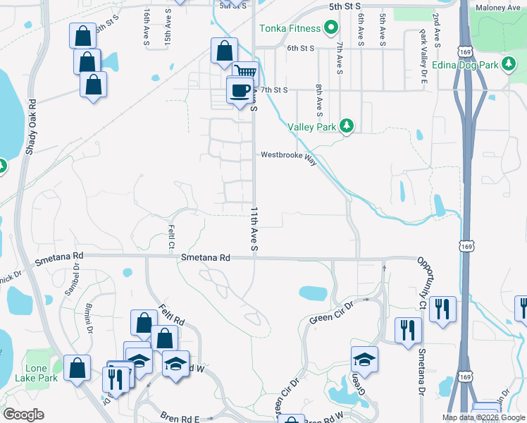 map of restaurants, bars, coffee shops, grocery stores, and more near 1100 Trailwood South in Hopkins