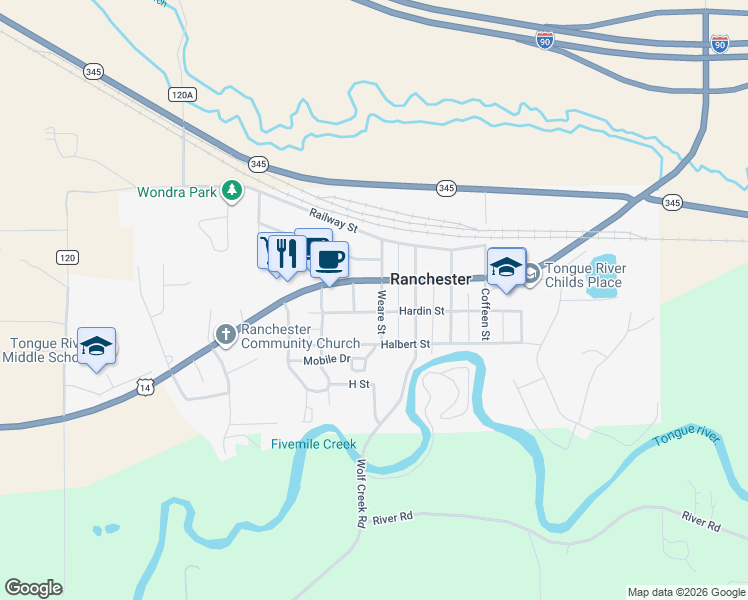 map of restaurants, bars, coffee shops, grocery stores, and more near 530 U.S. 14 in Ranchester