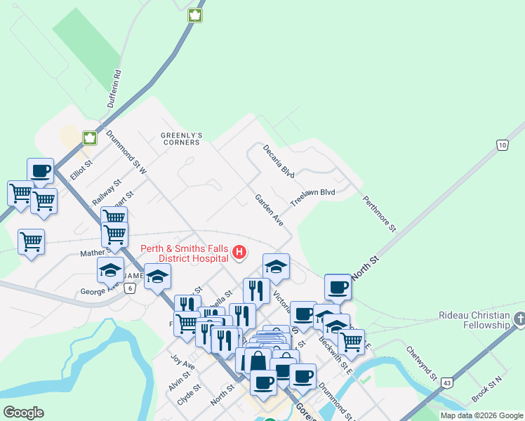 map of restaurants, bars, coffee shops, grocery stores, and more near 24 Garden Avenue in Perth
