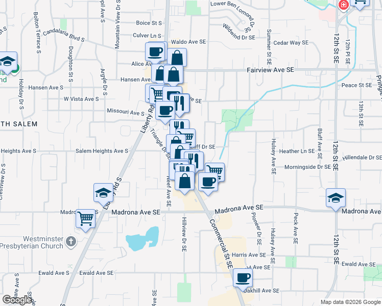 map of restaurants, bars, coffee shops, grocery stores, and more near 480 Ratcliff Drive Southeast in Salem
