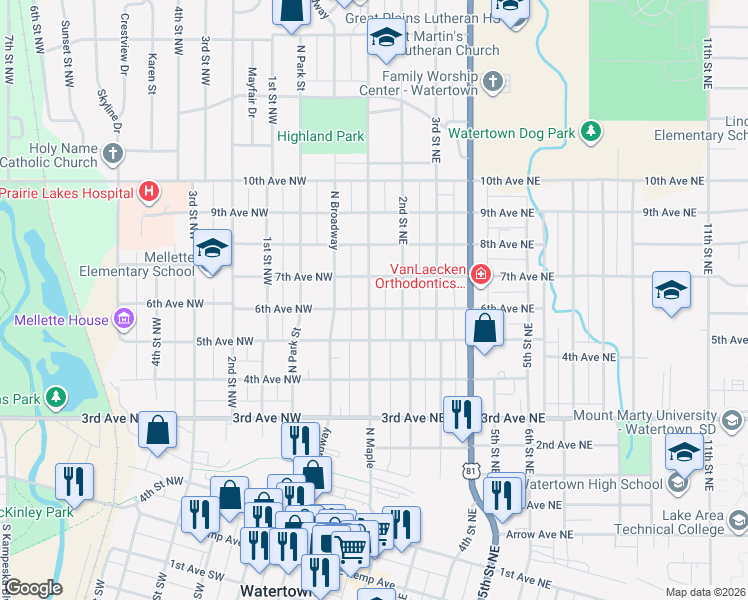 map of restaurants, bars, coffee shops, grocery stores, and more near 604 North Maple in Watertown