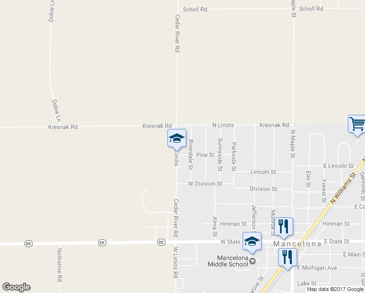 map of restaurants, bars, coffee shops, grocery stores, and more near 8597 Cedar River Road in Mancelona