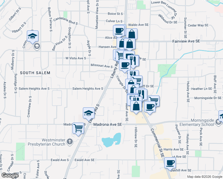 map of restaurants, bars, coffee shops, grocery stores, and more near 233 Salem Heights Avenue Southeast in Salem