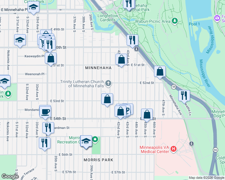 map of restaurants, bars, coffee shops, grocery stores, and more near 5212 42nd Avenue South in Minneapolis