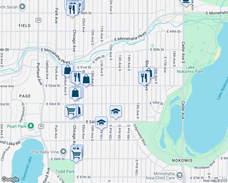 map of restaurants, bars, coffee shops, grocery stores, and more near 5206 13th Avenue South in Minneapolis