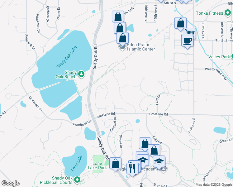 map of restaurants, bars, coffee shops, grocery stores, and more near 5300 Nolan Drive in Hopkins