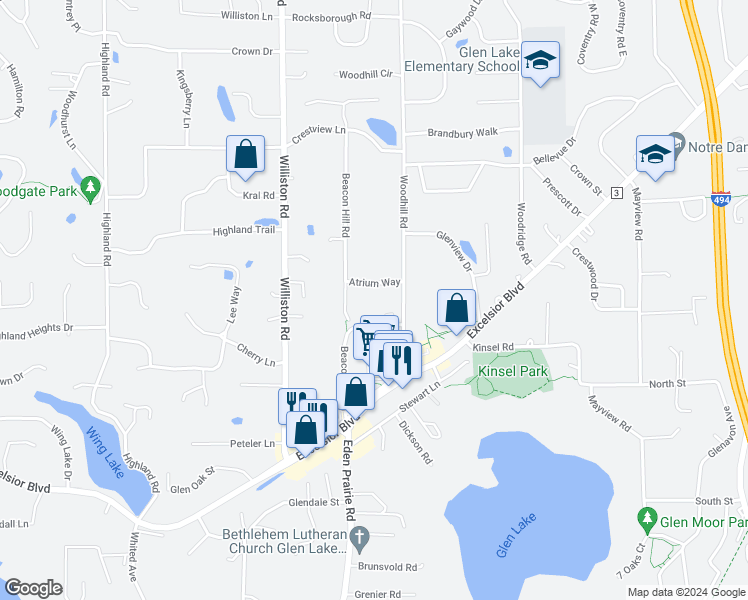 map of restaurants, bars, coffee shops, grocery stores, and more near 14401 Atrium Way in Minnetonka