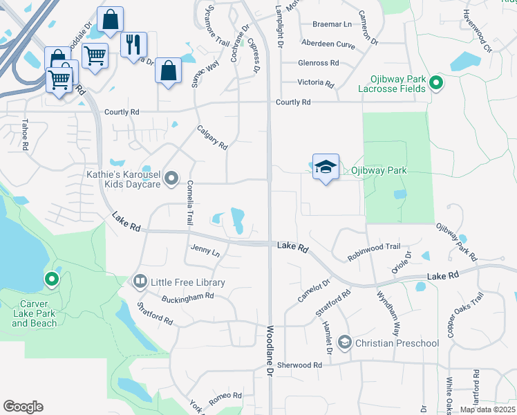 map of restaurants, bars, coffee shops, grocery stores, and more near 2780 Woodlane Drive in Woodbury