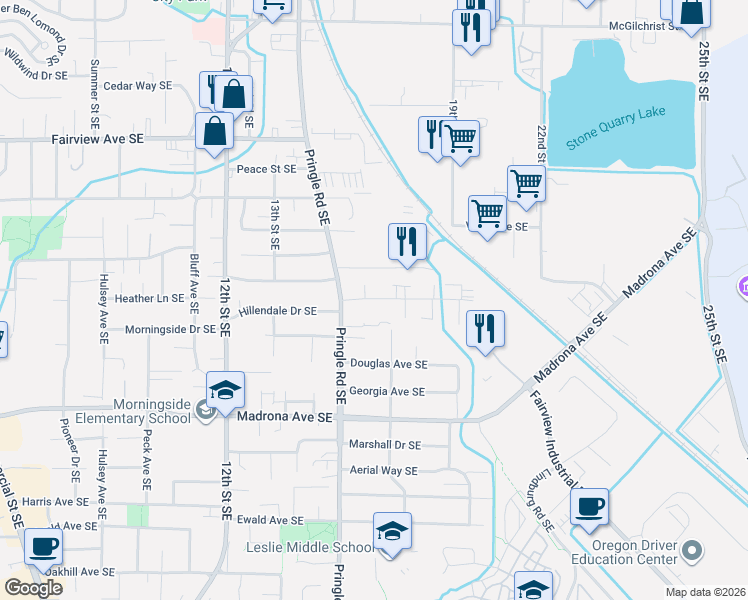 map of restaurants, bars, coffee shops, grocery stores, and more near 1464 Salishan Street Southeast in Salem