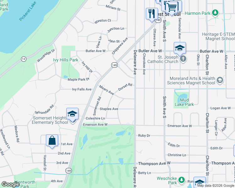 map of restaurants, bars, coffee shops, grocery stores, and more near 6 Dorset Road in Mendota Heights