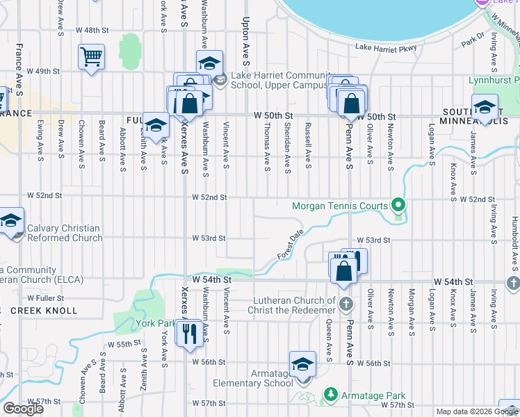 map of restaurants, bars, coffee shops, grocery stores, and more near 2621 West 52nd Street in Minneapolis