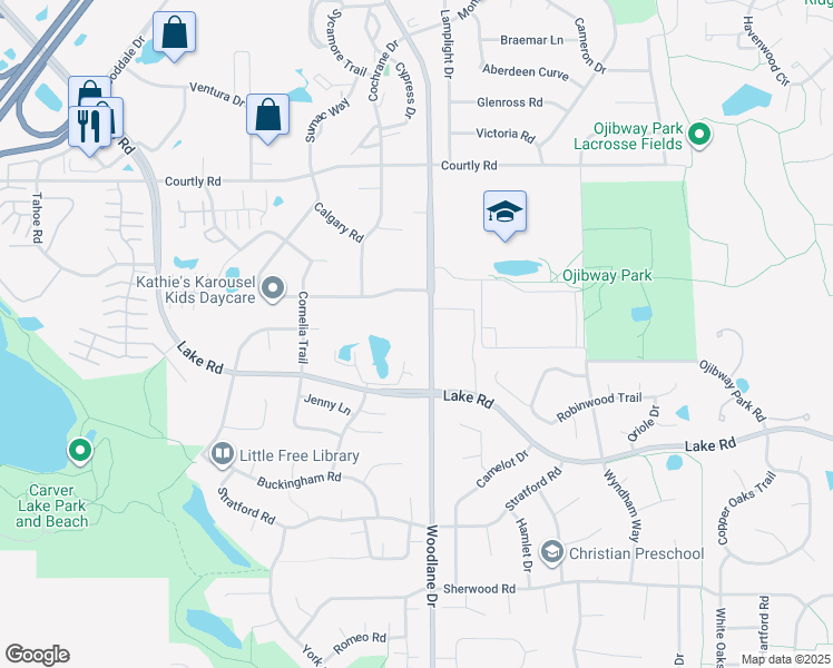 map of restaurants, bars, coffee shops, grocery stores, and more near 2780 Woodlane Drive in Woodbury
