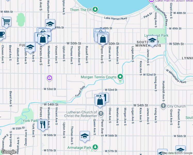map of restaurants, bars, coffee shops, grocery stores, and more near 2305 West 52nd Street in Minneapolis