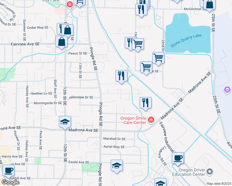 map of restaurants, bars, coffee shops, grocery stores, and more near 1489 Salishan Street Southeast in Salem