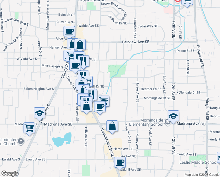 map of restaurants, bars, coffee shops, grocery stores, and more near 660 Ratcliff Drive Southeast in Salem