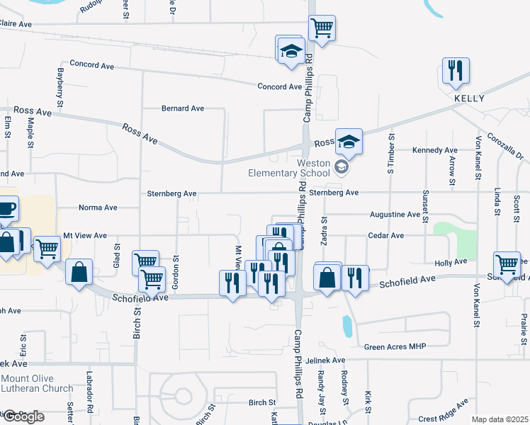 map of restaurants, bars, coffee shops, grocery stores, and more near 5402 Schmutzler Street in Schofield
