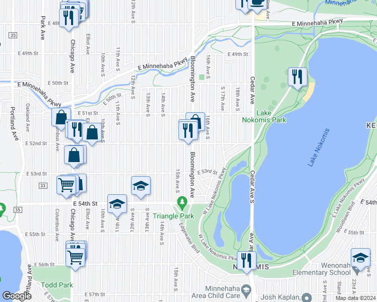 map of restaurants, bars, coffee shops, grocery stores, and more near 5215 South 15th Avenue in Minneapolis