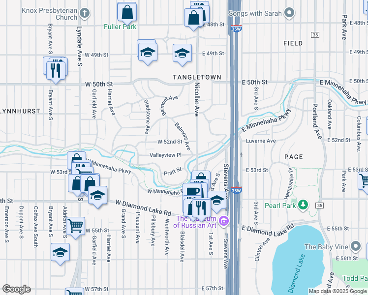 map of restaurants, bars, coffee shops, grocery stores, and more near 5210 Belmont Avenue in Minneapolis