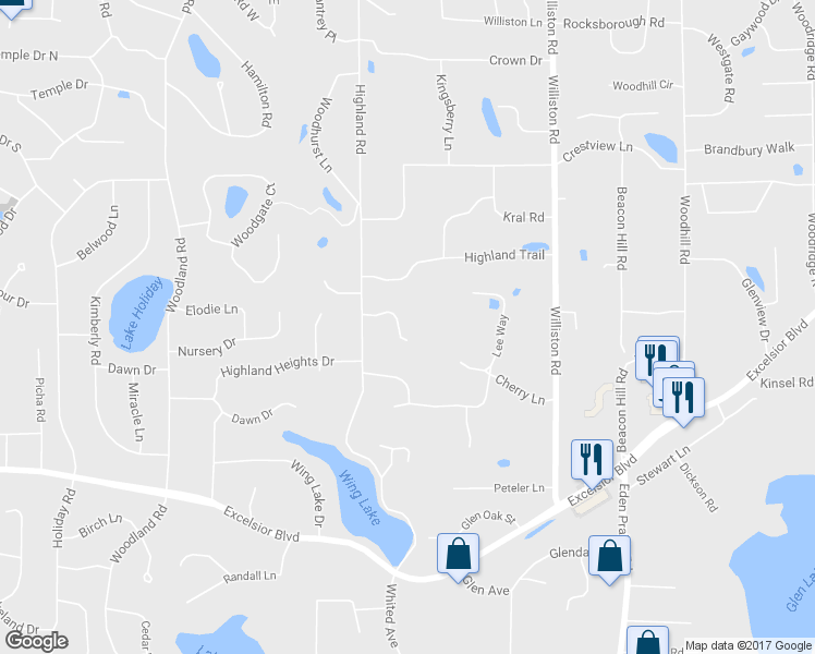 map of restaurants, bars, coffee shops, grocery stores, and more near 15220 Knob Hill Curve in Minnetonka