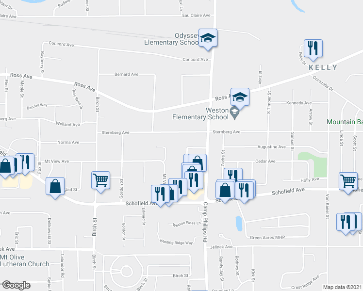 map of restaurants, bars, coffee shops, grocery stores, and more near 5402 Schmutzler St in Schofield
