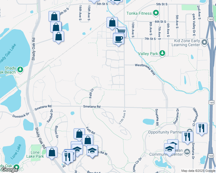 map of restaurants, bars, coffee shops, grocery stores, and more near 1260 Trailwood North in Hopkins