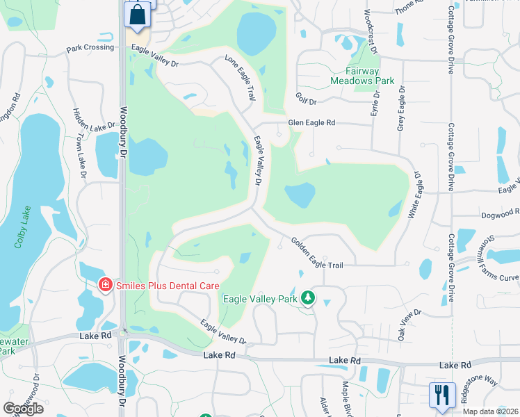map of restaurants, bars, coffee shops, grocery stores, and more near 2641 Eagle Valley Drive in Woodbury