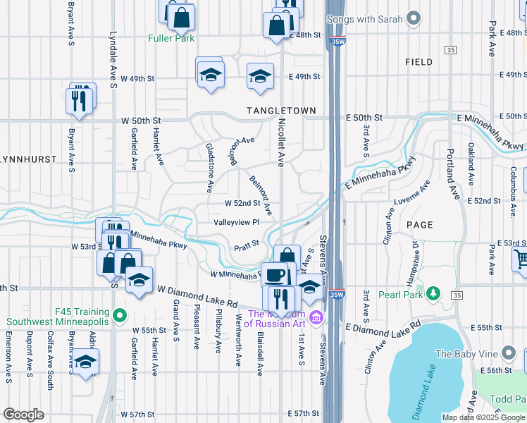 map of restaurants, bars, coffee shops, grocery stores, and more near 5210 Belmont Avenue in Minneapolis