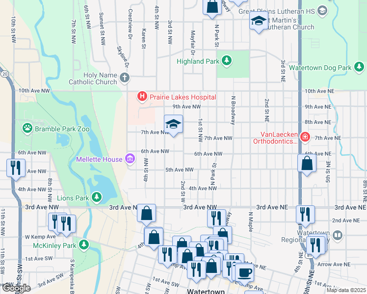 map of restaurants, bars, coffee shops, grocery stores, and more near 619 2nd Street West in Watertown